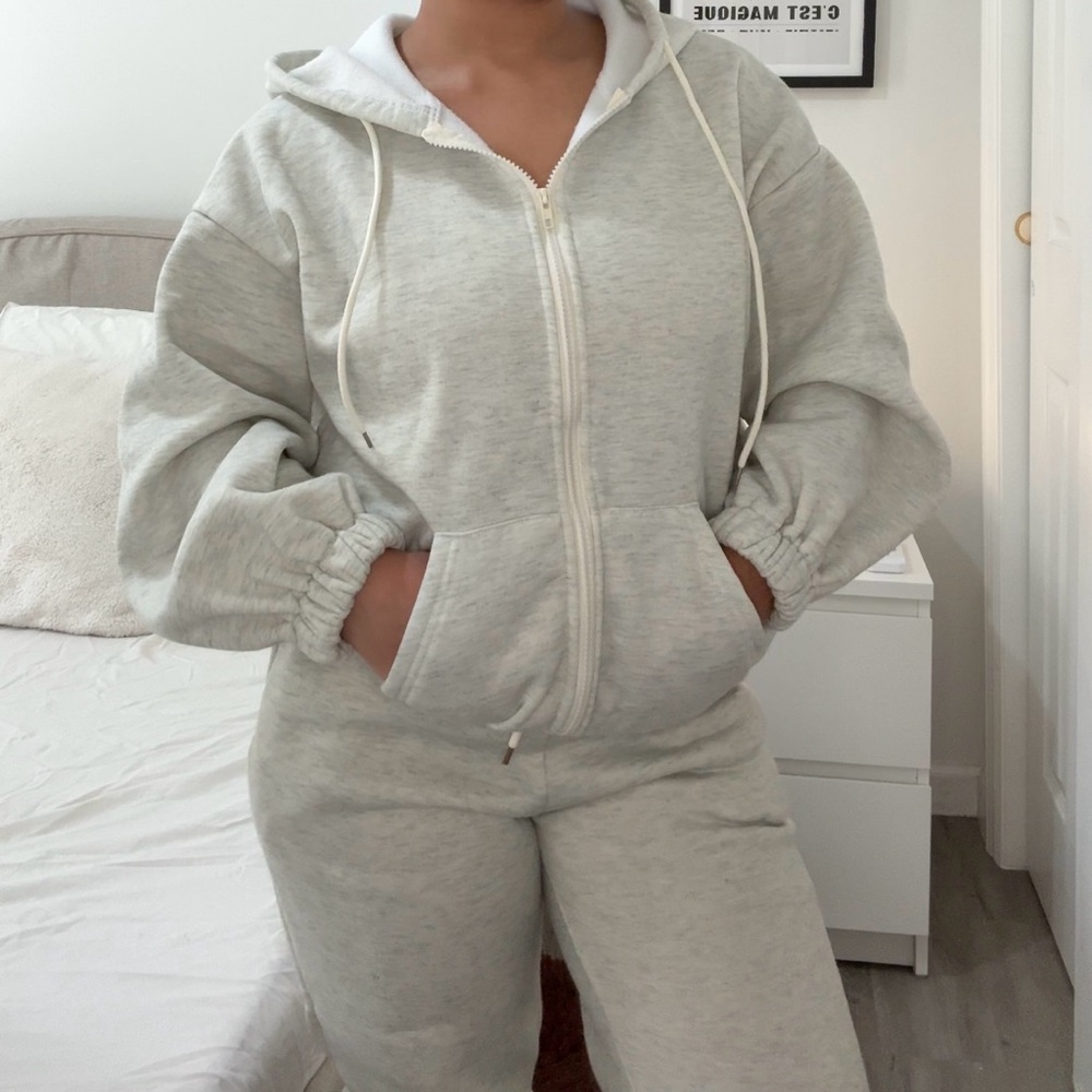 Gray Zip-Up Hoodie and Sweatpants Set
